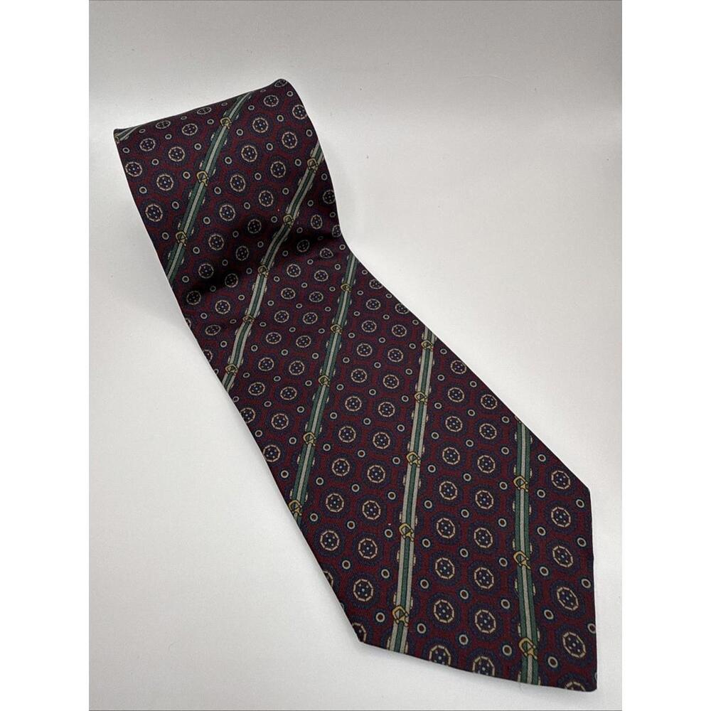 Vintage Italian Silk Tie Bloomingdale's Brass & Leather Navy Bit Rope Ring Men's